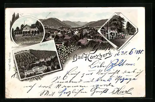 Vorläufer-Lithographie Bad Harzburg, Gesamtansicht mit Kurhaus 1895