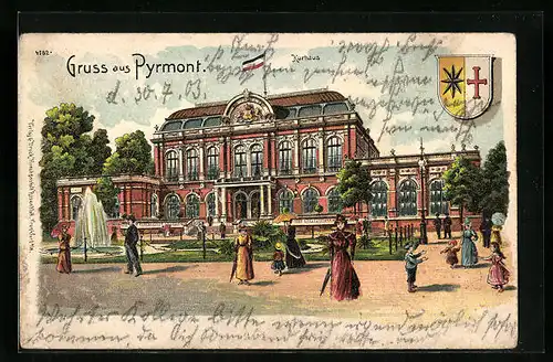 Lithographie Pyrmont, Kurhaus mit Wappen