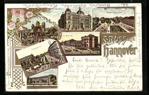 Lithographie Hannover, Totalansicht mit Bahnhof und Georgenstrasse