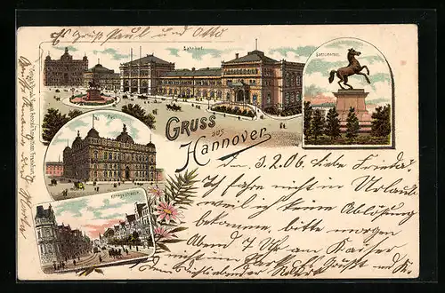 Lithographie Hannover, Gesamtansicht mit Bahnhof und Sachsenross