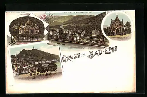 Lithographie Bad Ems, Blick n. d. Schweizerhäuschen, Russische Kapelle