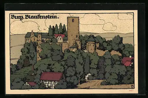 Steindruck-AK Hattingen, Blick zur Burg Blankenstein