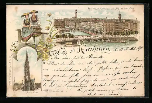Vorläufer-Lithographie Hamburg, Reesendammsbrücke und Alsterarkaden 1893