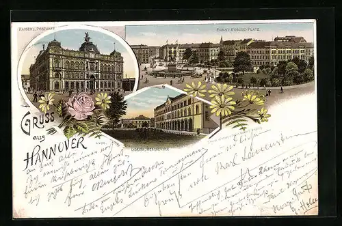 Lithographie Hannover, Ernst-August-Platz, Kaiserl. Postamt