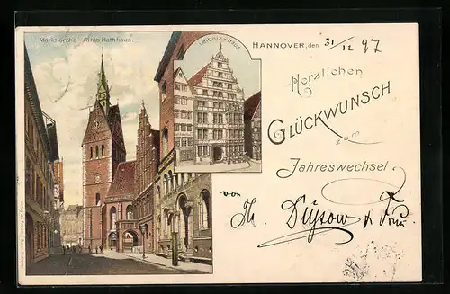 Lithographie Hannover, Marktkirche und Altes Rathaus