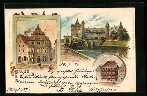 Lithographie Hameln, Rattenfängerhaus mit Haemelschenburg