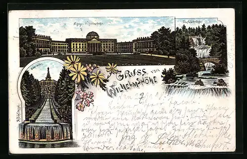 Lithographie Kassel-Wilhelmshöhe, Schloss mit Teufelsbrücke