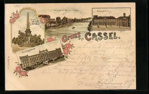 Lithographie Cassel, Kriegsschule, Justizgebäude und Kaiser-Wilhelm-Denkmal