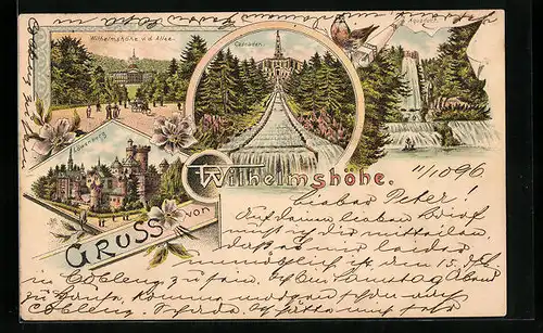 Lithographie Kassel-Wilhelmshöhe, Cascaden mit Löwenburg