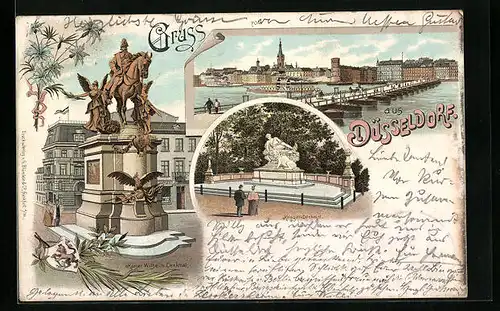 Lithographie Düsseldorf, Totalansicht mit Kaiser Wilhelm Denkmal