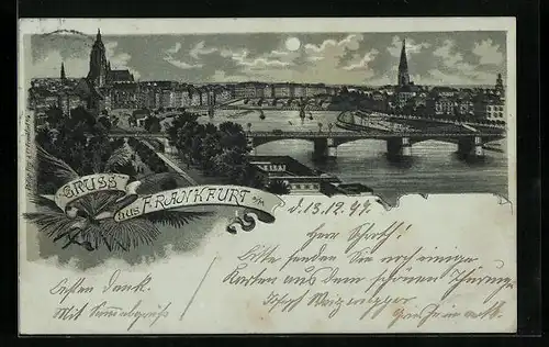 Mondschein-Lithographie Frankfurt a. M., Totalansicht mit Flusspartie