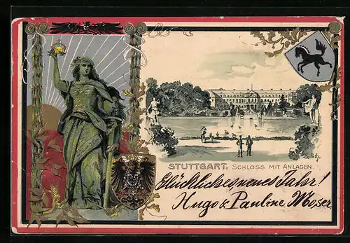 Präge-Lithographie Stuttgart, Schloss mit Anlagen und Wappen
