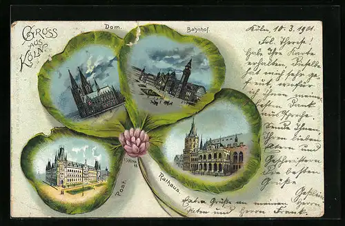 Lithographie Köln, Dom, Bahnhof, Post, Rathaus