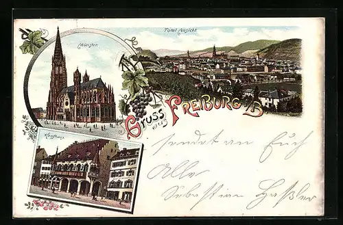 Lithographie Freiburg i. B., Totalansicht mit Münzstrasse und Kaufhaus