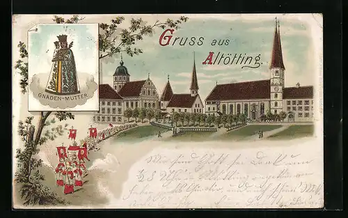 Lithographie Altötting, Ortsansicht mit Gnaden-Mutter