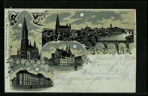 Mondschein-Lithographie Ulm, Totalansicht mit Rathaus und Münster