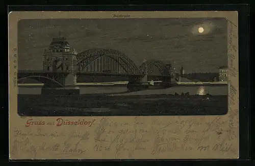 Mondschein-Lithographie Düsseldorf, Ansicht der Rheinbrücke