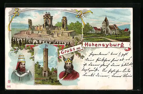 Lithographie Hohensyburg, Ortsansicht mit Burg und Denkmal
