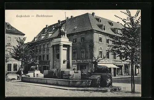 AK Grossenhain, Marktbrunnen mit Dresdner Kaufhaus