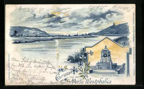 Lithographie Porta Westfalica, Totalansicht mit Kaiser Wilhelm Denkmal