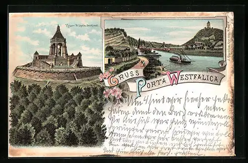 Lithographie Porta Westfalica, Gesamtansicht mit Kaiser-Wilhelm-Denkmal