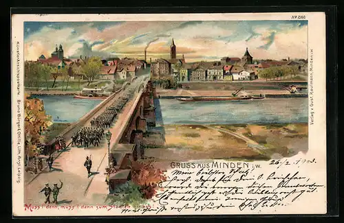 Lithographie Minden i. W., Totalansicht mit Parade und Flusspartie