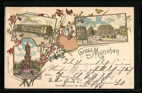 Lithographie München, Alte Pinakothek mit Blick vom Karlsthor auf den Bahnhof