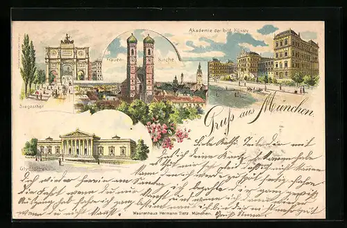 Lithographie München, Akademie der bildenden Künste mit der Frauenkirche