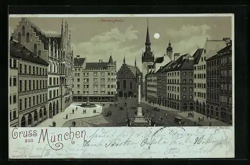 Mondschein-Lithographie München, Marienplatz aus der Vogelschau