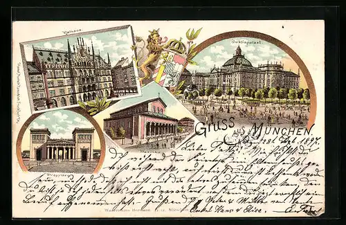 Lithographie München, Justizpalast mit Rathaus und Propyläen