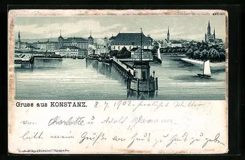 Lithographie Konstanz, Totalansicht mit Hafenpartie