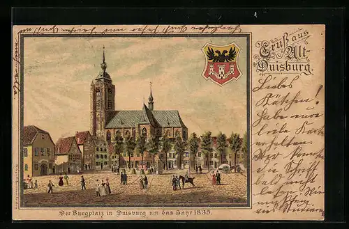Lithographie Duisburg, Der Burgplatz mit Kirche um das Jahr 1835