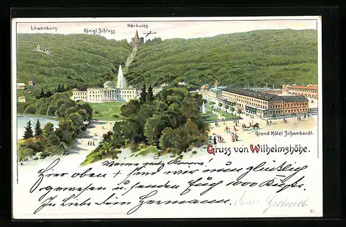 Lithographie Kassel-Wilhelmshöhe, Grand Hotel Schmombardt mit Löwenburg, Herkules und Königlichem Schloss