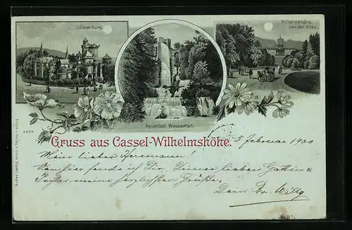 Mondschein-Lithographie Kassel-Wilhelmshöhe, Löwenburg, Aquaduct Wasserfall, Ortspartie von der Allee