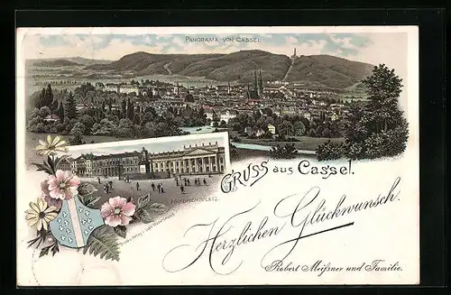 Lithographie Kassel-Wilhelmshöhe, Panorama, Friedrichsplatz