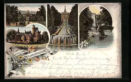 Lithographie Kassel-Wilhelmshöhe, Löwenburg, Der Aquaduct-Wasserfall, Die Cascaden