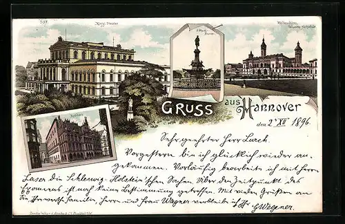 Lithographie Hannover, Königliches Theater, Rathaus, Ebhardt-Brunnen