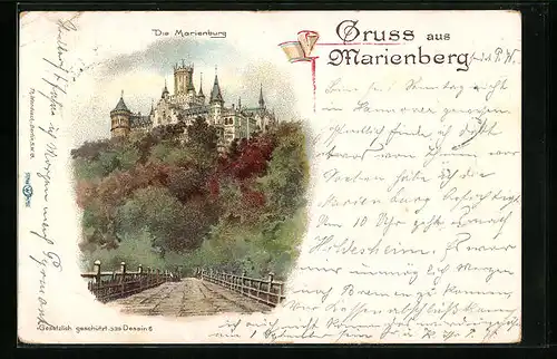Lithographie Nordstemmen, Blick zur Marienburg