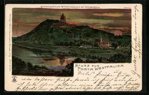 Sonnenschein-AK Porta Westfalica, Wittekindsberg mit Denkmal bei Sonnenuntergang