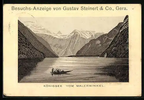 Mini-Lithographie Königsee, Teilansicht vom Malerwinkel, Besuchs-Anzeige von Gustav Steinert & Co. Gera