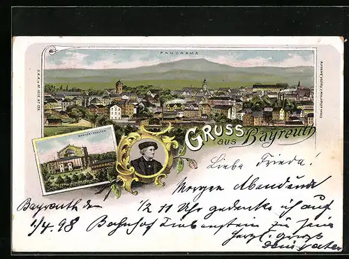 Lithographie Bayreuth, Panorama, Wagner-Theater