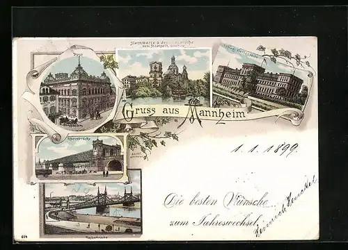 Lithographie Mannheim, Schloss Gartenseite, Post, Neckarbrücke