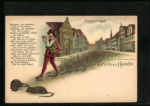Lithographie Hameln, Osterstrasse und Rattenfänger von Hameln