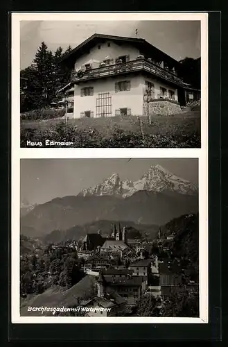 AK Berchtesgaden, Haus Edmaier, Ortsansicht mit Watzmann