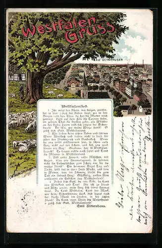 Lithographie Bad Oeynhausen, Stadt aus der Vogelschau, Westfalenlied
