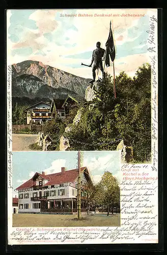 AK Kochel am See, Gasthof zum Schmied von Kochel, Schmied Balthes Denkmal