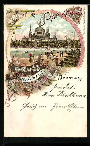 Lithographie Bremen, Parkhaus, Flaneure am Wasser