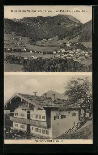 AK Ruhpolding, Alpenwirtschaft Brandler, Panorama mit Ort und Hochfelln