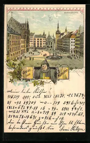 Lithographie München, Marienplatz, Münchner Kindl