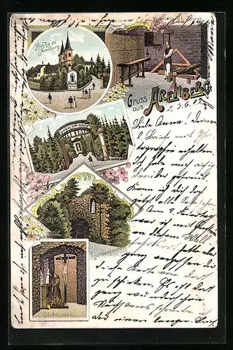 Lithographie Arenberg, Kirche, Lourdesgrotte, Werkstätte d. h. Joseph